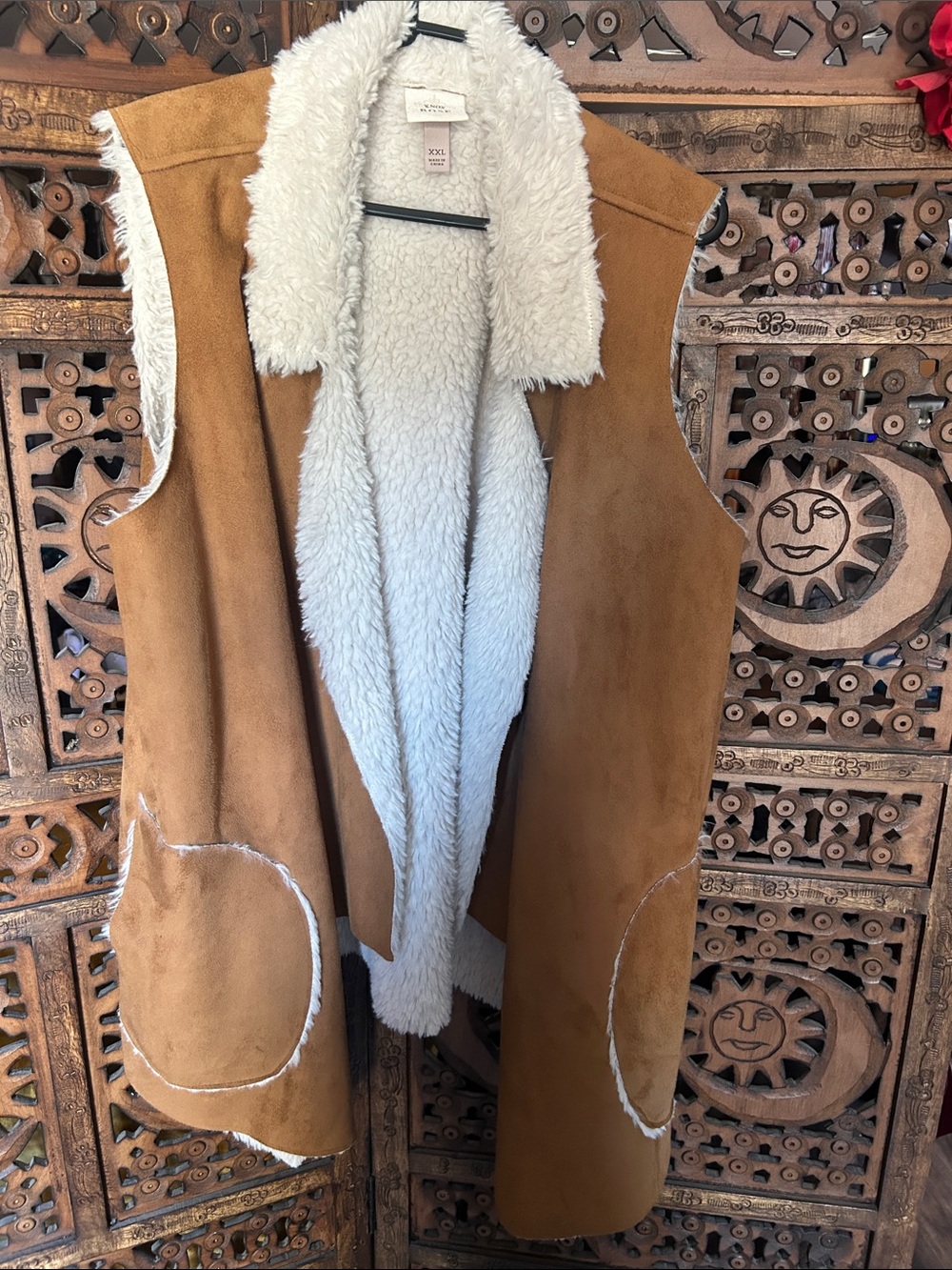 Knox Rose Tan Faux-Suede Vest with Cream Sherpa Lining